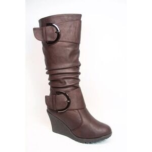 Top Moda Pure-65 Round Toe Slouch Buckle Wedge Mid Calf Boots - Brown - Sz 10